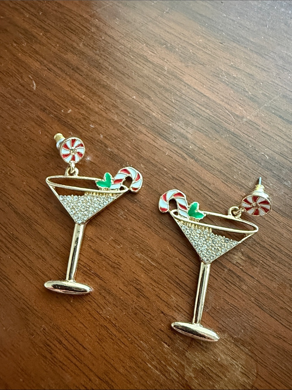 Gold Martini Glass Holiday Earrings with Red & Green Accents